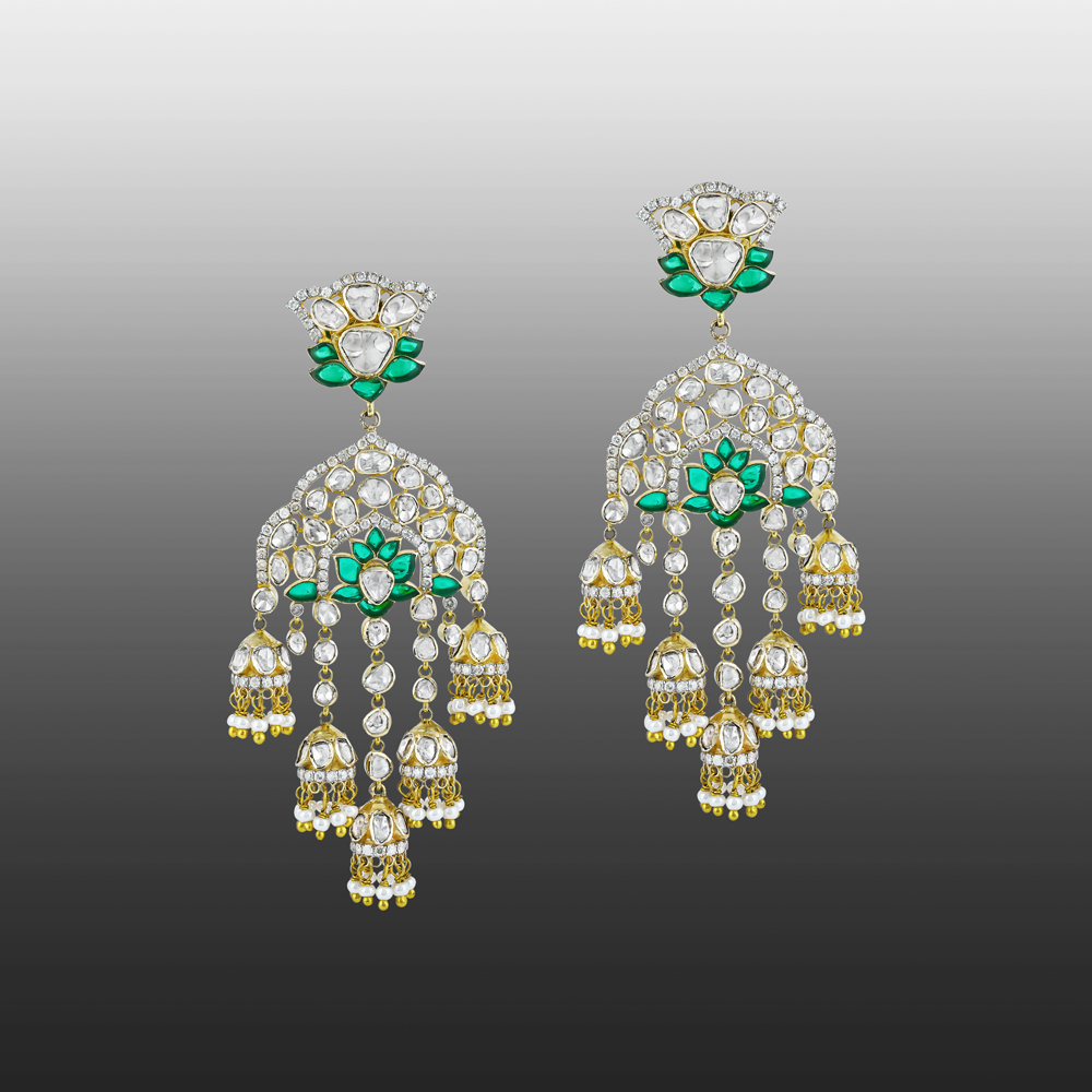 Polki Designer Jhumka Earrings with GreenTalaf Lotus and Pearl Accents